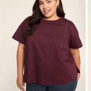 Lane Bryant burgundy Eyelet Puff Sleeve Top